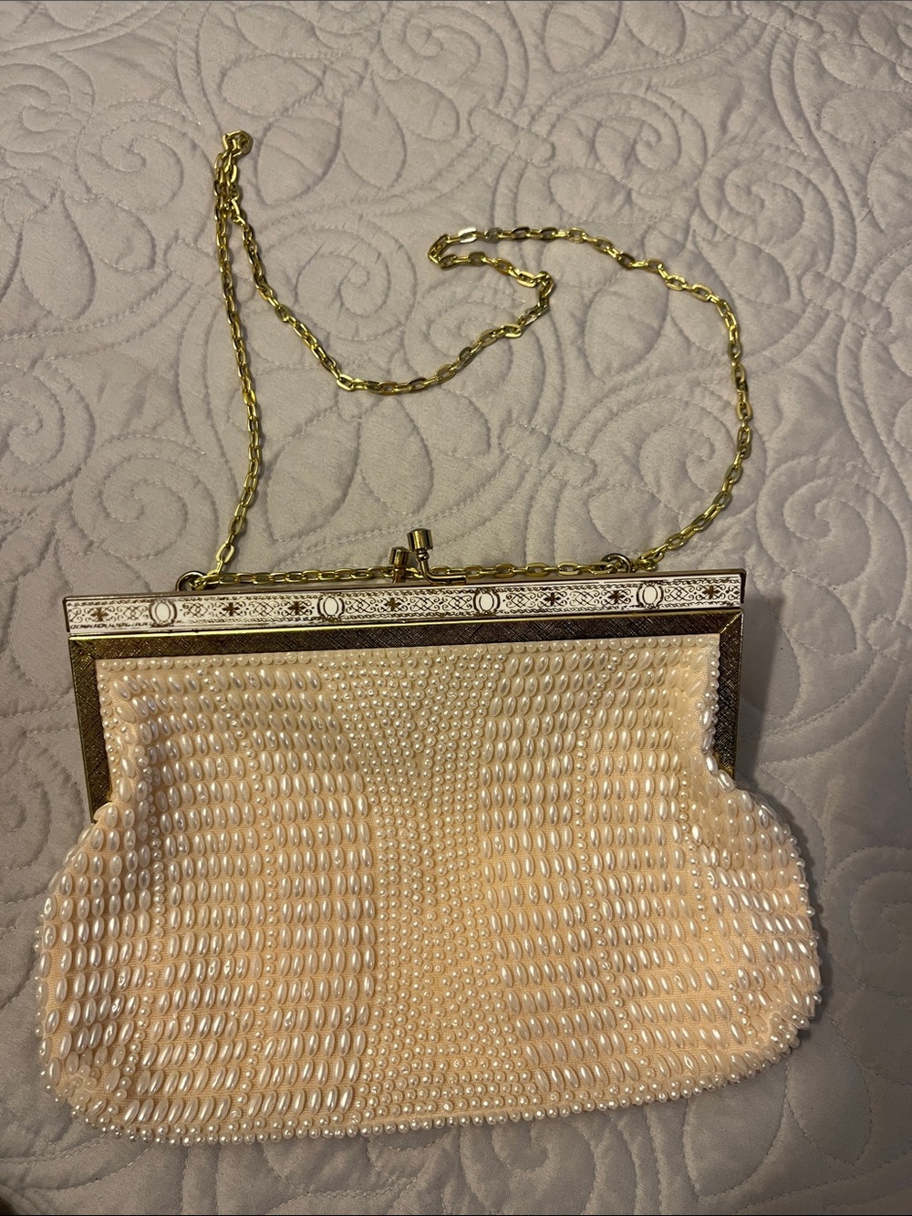 Ivory Pearl-Embellished Evening Clutch with Gold Chain